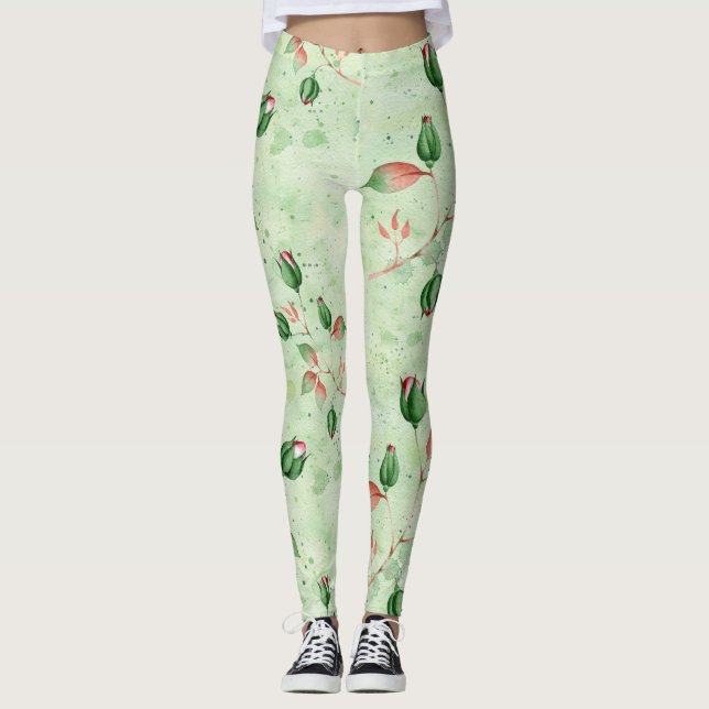Blommigt för snygg Grönt Leggings (Framsida)