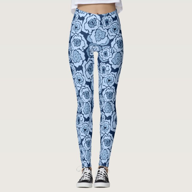 Blommigt för sömlös abstrakt tecknad blåa blommor leggings (Framsida)