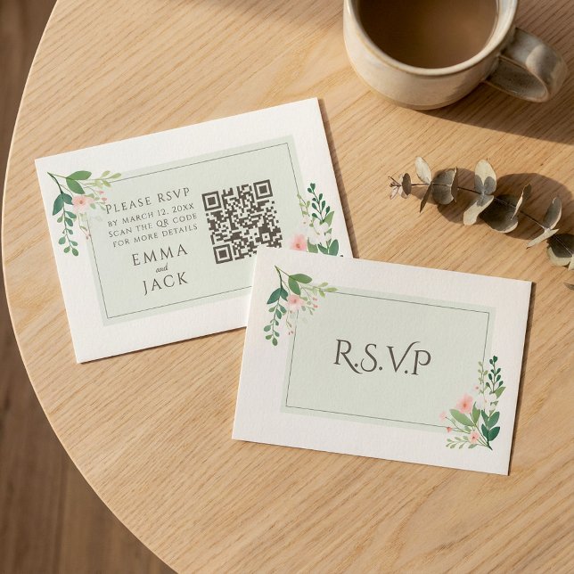 Blommigt för söt Rosa grönt Bröllop OSA QR-kod Tilläggskort (Pretty Pink green Floral Wedding RSVP QR Code Enclosure Card.)