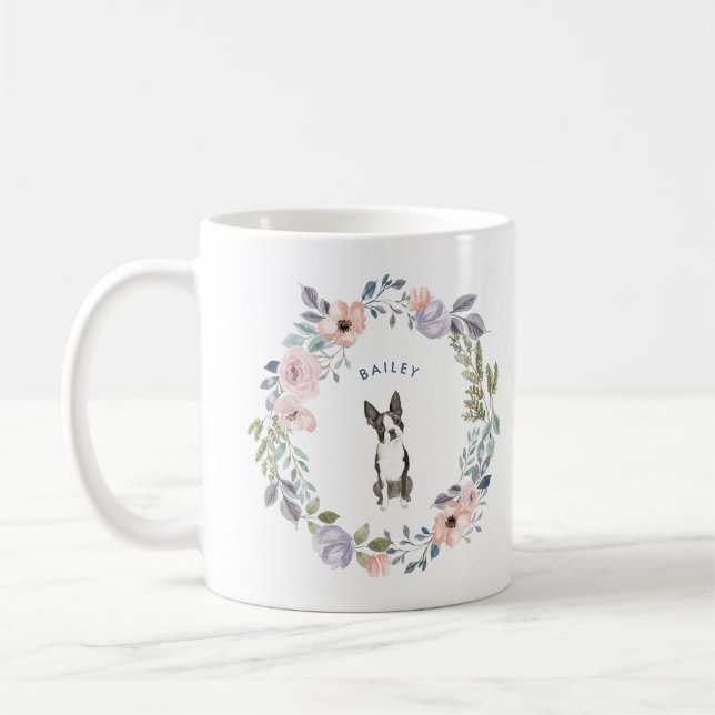 Blommigt för söt vattenfärg | Boston Terrier Hund Kaffemugg (Vänster)