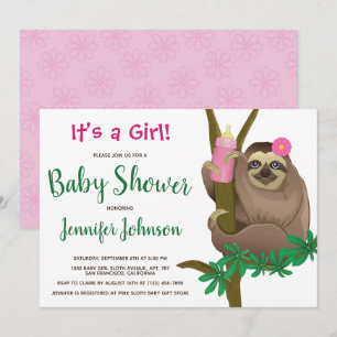 Blommigt för spädbarn för Rosa i Cute Sloth Inbjudningar