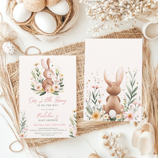 Blommigt för spädbarn i Påskharn för utspädda vatt Inbjudningar (Cute Watercolor Easter Bunny Floral Baby Shower Invitation)