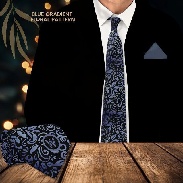 Blommigt för svart elegant, blå övertoning, monogr slips (Elegant Black Blue Gradient Floral Monogram Neck Tie)