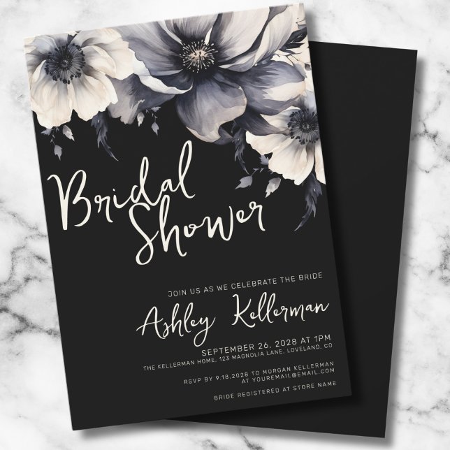 Blommigt för svart Elegant, Möhippa Inbjudningar (Chic Elegant Floral Black White Bridal Shower Invitation)