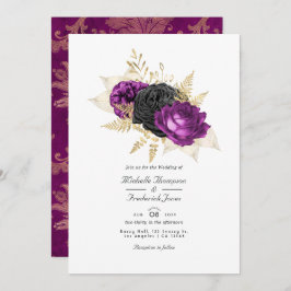 Blommigt för svart och Lila Vintage QR-kod Bröllop Inbjudningar