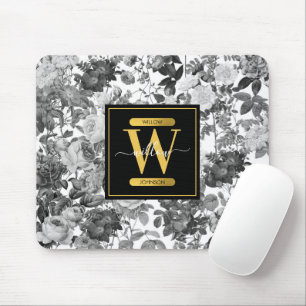 Blommigt för svart, vit och Guld-Vintage, Monogram Musmatta