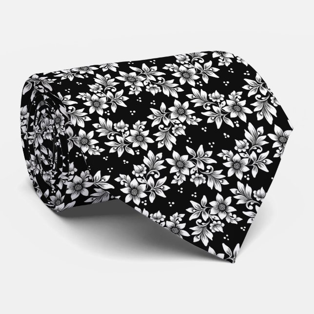Blommigt för svartvit Abstrakt Slips (Rullad)