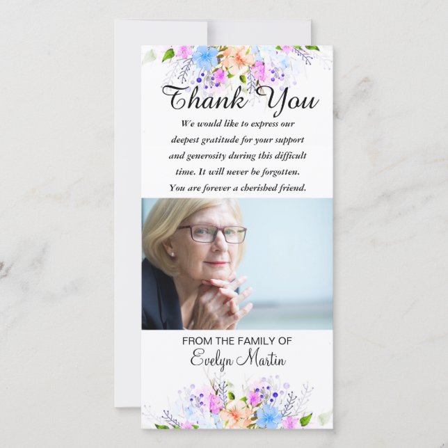 Blommigt för tack för fotosympati minnes- kort (Framsida)