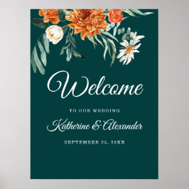 Blommigt för Teal Burnt Orange Elegant Välkommen Poster