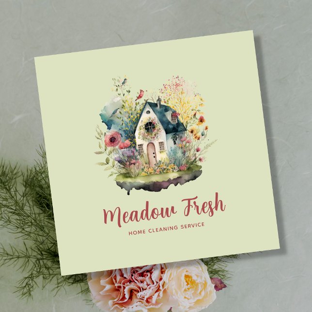 Blommigt för tjänsten Cute House Städning Fyrkantigt Visitkort (Skapare uppladdad)
