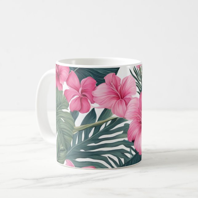 Blommigt för Tropical Rosa Helgdag Skriv ut Kaffemugg (Framsida vänster)