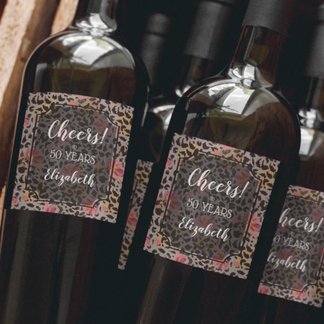 Blommigt för tropisk Rosa av leopard Vinflaska Etikett (Skapare uppladdad)