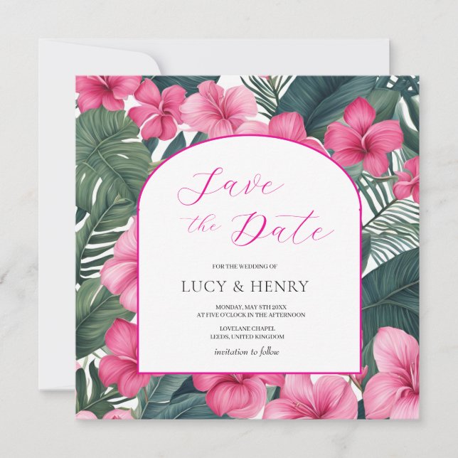 Blommigt för tropisk Rosa Helgdag Spara Datumet (Framsida)