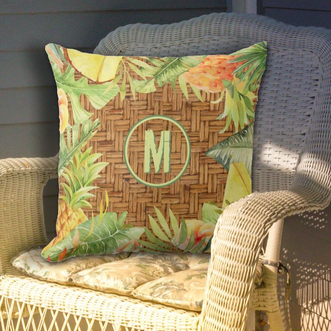 Blommigt för tropisk vattenfärg i Monogram Kudde (Monogram Tropical Watercolor Floral Outdoor Pillow - 2 sizes)