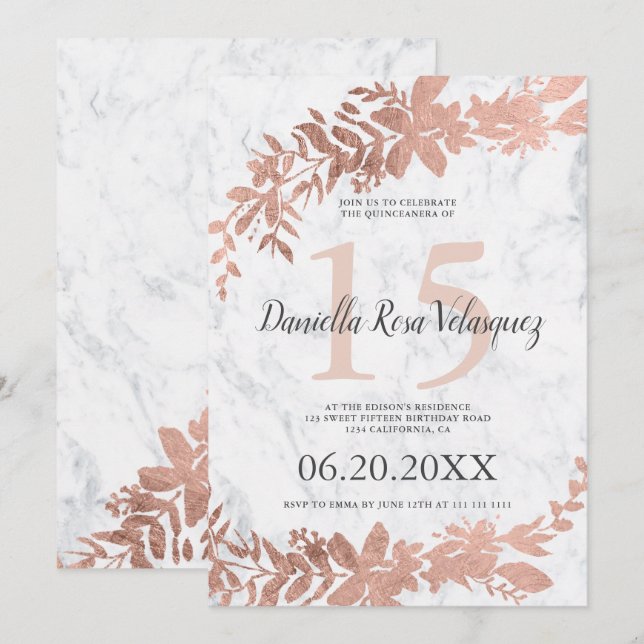 Blommigt för typografi i Ro guld  rosa quinceanera Inbjudningar (Fram/baksida)