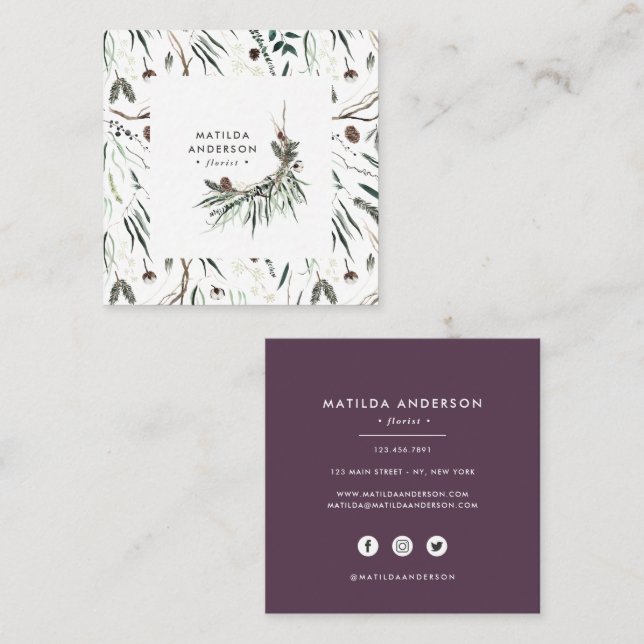 Blommigt för utspädd vattenfärg - lila för modern  fyrkantigt visitkort (Fram/baksida)