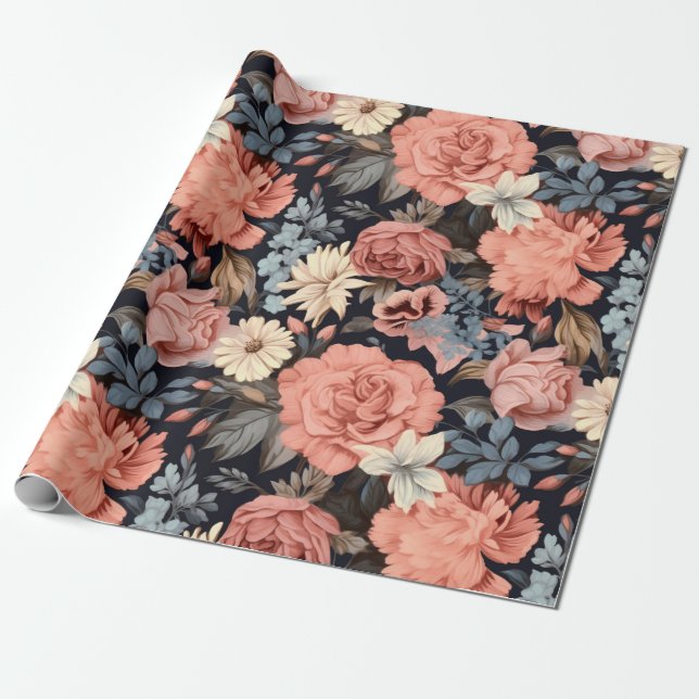 Blommigt för vacker Rosa blå Vintage Presentpapper (Utrullad)