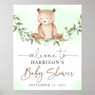 Blommigt för välkomstskylt för nalle Grönt Babyklä Poster