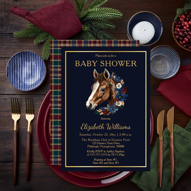 Blommigt för vallmoskal | Play Baby Shower Inbjudningar (Charming Classic Preppy Equestrian Foal and Floral Wreath | Plaid Background Boy Baby Shower Invite)