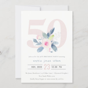 BLOMMIGT FÖR VÄTSKAKA BLÅ 50 VARJE ÅLDER BIRTHDAY INBJUDNINGAR
