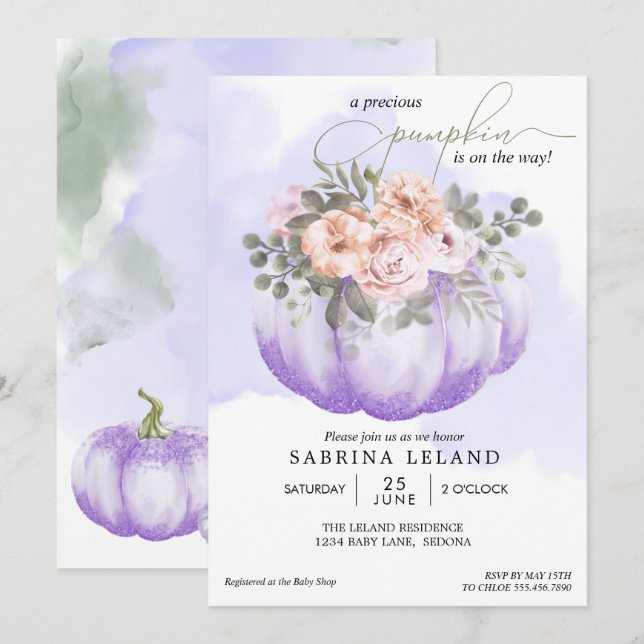 Blommigt för vattenfärg Amethyst Pumpkin Baby Show Inbjudningar (Fram/baksida)