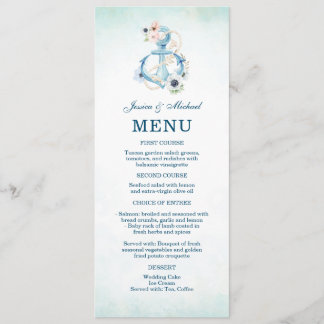 Blommigt för vattenfärg Anchor Teal Beach Wedding Meny