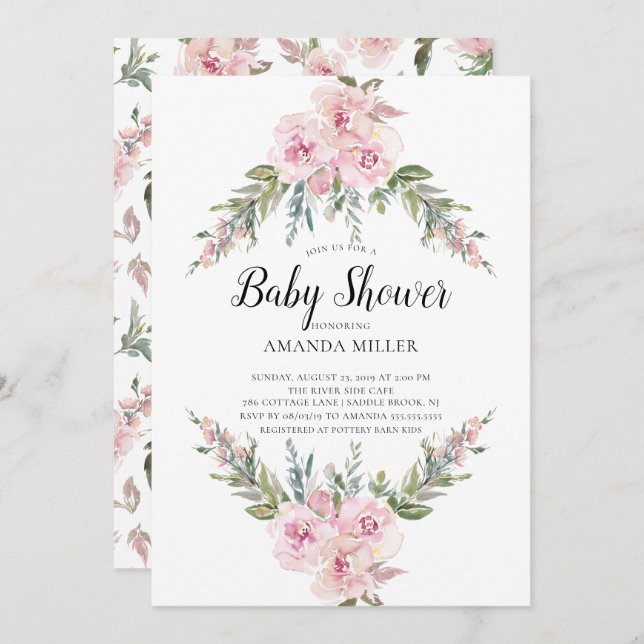  Blommigt för vattenfärg, babykläder Inbjudningar (Fram/baksida)