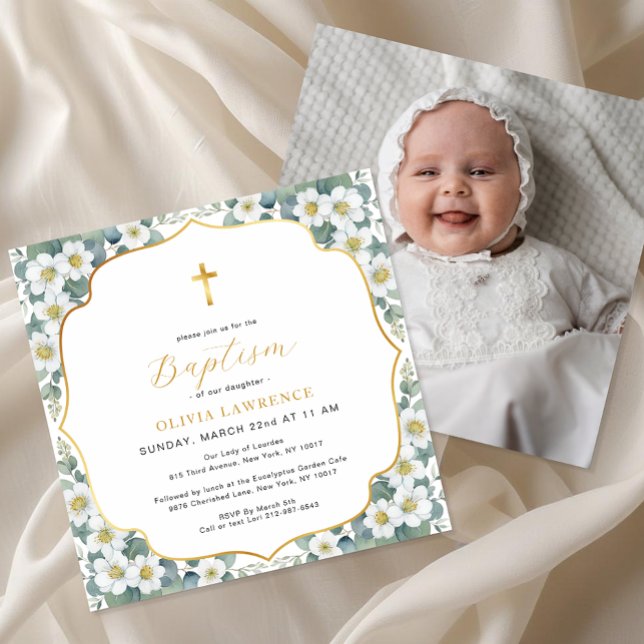 Blommigt för vattenfärg, baptism Guld Kor Inbjudningar (Photo Baptism Invitation)