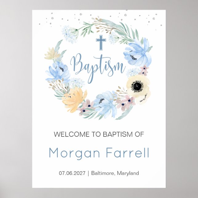 Blommigt för vattenfärg Blå välkomstskylt Poster (Framsidan)