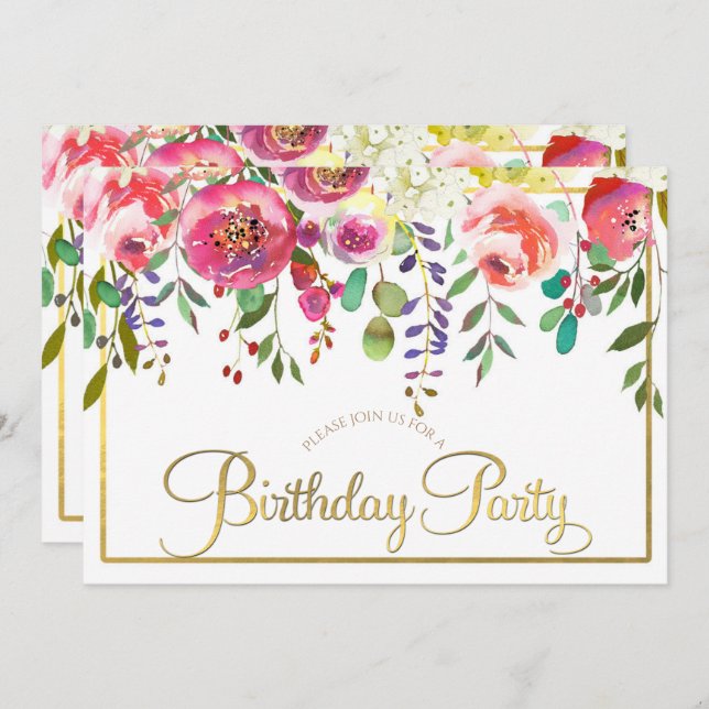 Blommigt för vattenfärg Blommor Modern Födelsedags Inbjudningar (Fram/baksida)