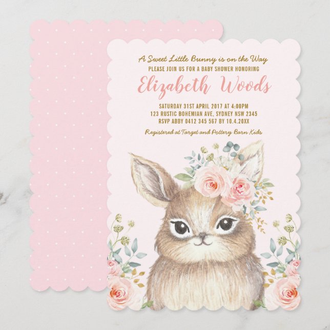 Blommigt för vattenfärg Bunny Girl Baby Shower Inbjudningar (Fram/baksida)