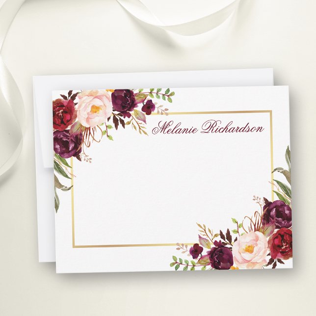 Blommigt för vattenfärg Burgundy Guld Ram Personli Anteckningskort (Customize to change text size, color, style or to add more text to front or back of card.)