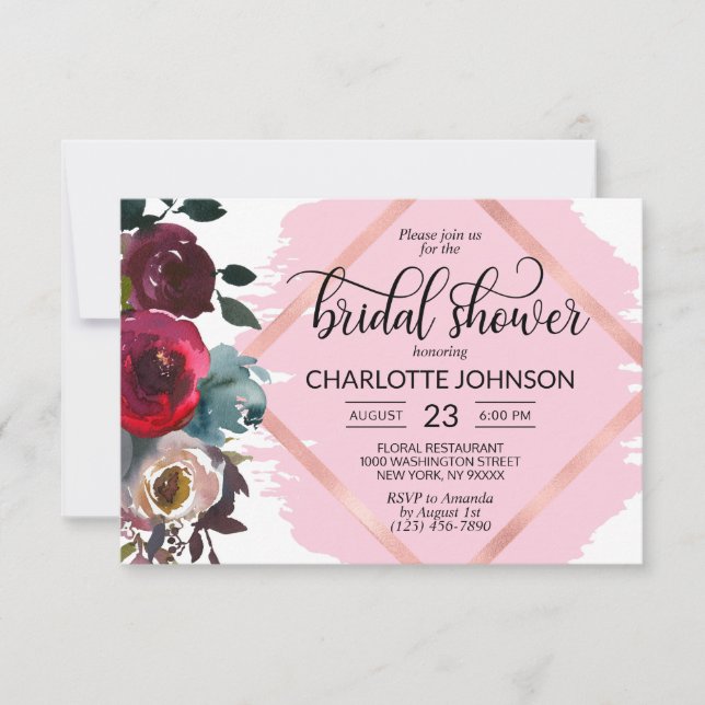 Blommigt för vattenfärg Burgundy Ro Guld Möhippa Inbjudningar (Framsida)