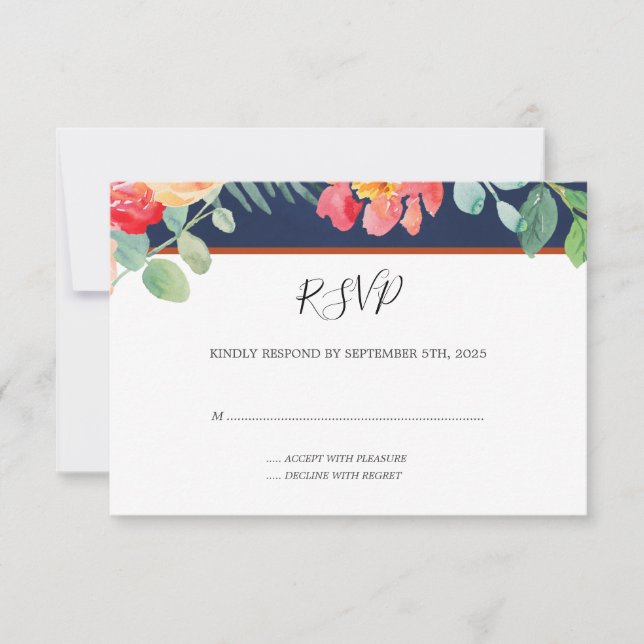 Blommigt för vattenfärg Coral Navy Foliage Bröllop OSA Kort (Framsida)