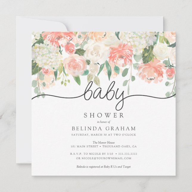Blommigt för vattenfärg för baby inbjudningar (Framsida)