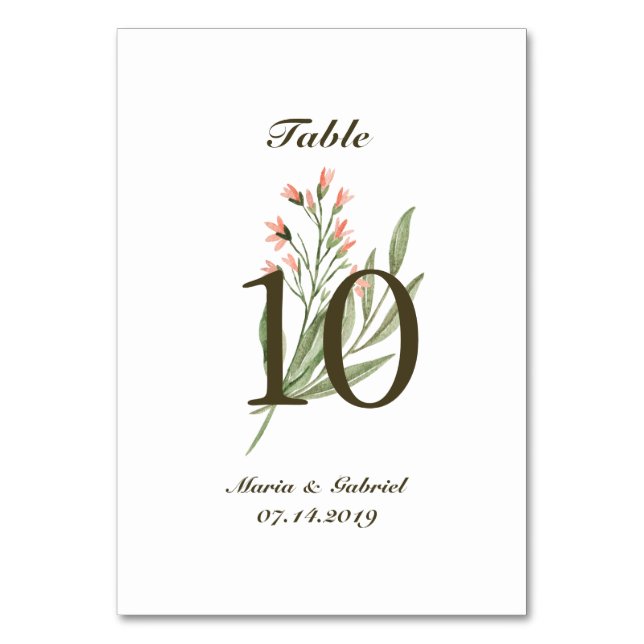 Blommigt för vattenfärg Greenery. Elegant airy Brö Bordsnummer (Framsidan)
