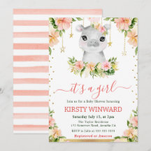 Blommigt för vattenfärg Hippo Girl Baby Shower