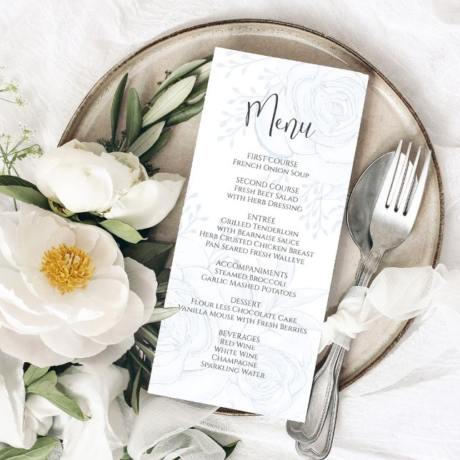 Blommigt för vattenfärg i blå Bröllop-meny Meny (Elegant blue floral menu card with calligraphy and simple block-style lettering. )