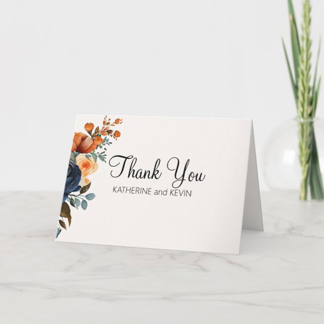 Blommigt för vattenfärg i elegant, blå Orange Tack Kort (Framsida)