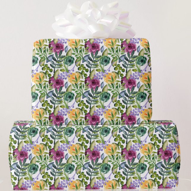 Blommigt för vattenfärg i Grönten Lila Gult Gift Presentpapper (Skapare uppladdad)