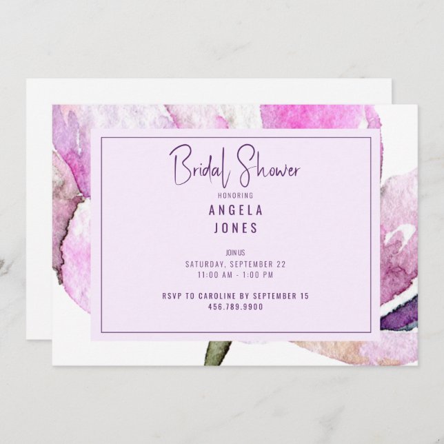 Blommigt för vattenfärg i lavender & Rosa Inbjudningar (Fram/baksida)