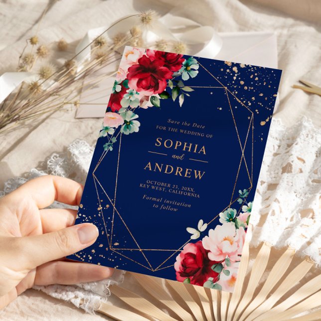 Blommigt för vattenfärg i röd ros och Guld Spara d Inbjudningar (Skapare uppladdad)