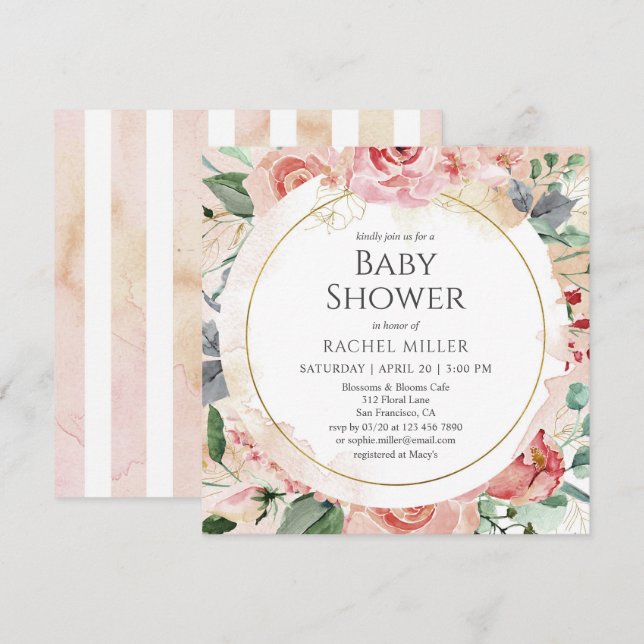 Blommigt för vattenfärg i shabby chic babyskal inbjudningar (Fram/baksida)