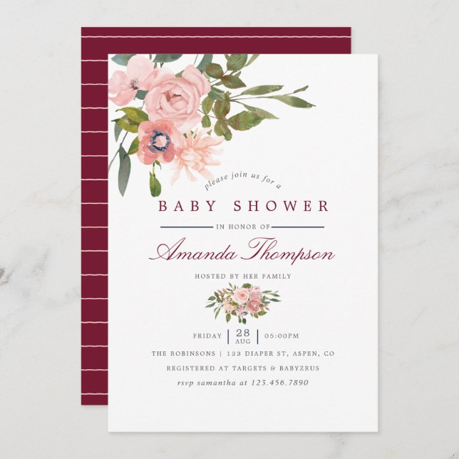  blommigt för vattenfärg och daglig babystövel inbjudningar (Fram/baksida)