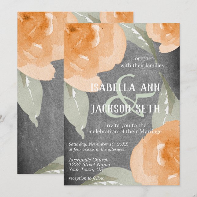 Blommigt för vattenfärg och  för orange inbjudningar (Fram/baksida)