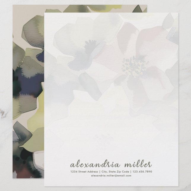 Blommigt för vattenfärg och Grey Stationery Brevhuvud (Fram/baksida)