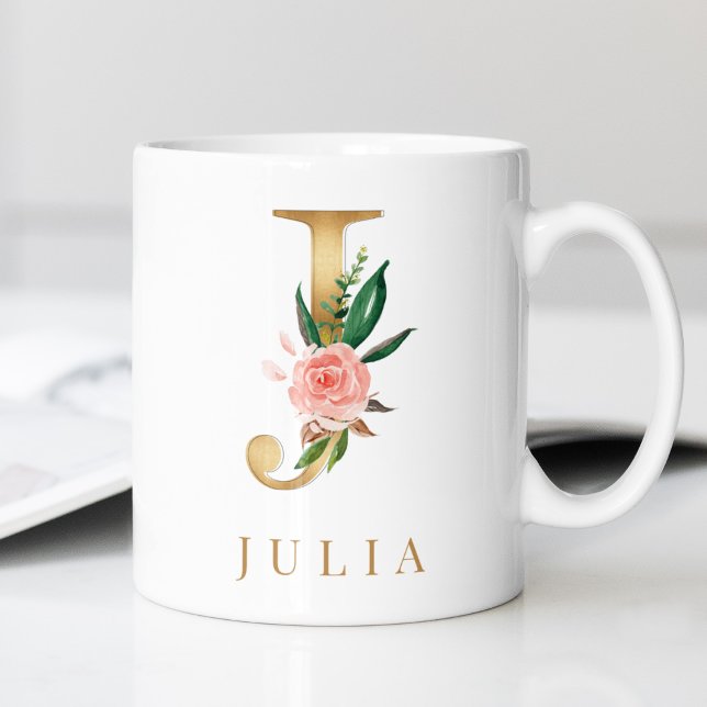Blommigt för vattenfärg och Guld Brev J Monogram Kaffemugg (Skapare uppladdad)