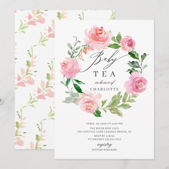 Blommigt för vattenfärg Rosa Baby Shower Tea Inbjudningar (Fram/baksida)