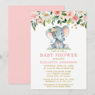 Blommigt för vattenfärg Rosa Babykläder Elephant G Inbjudningar