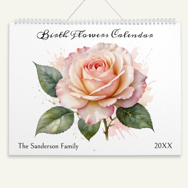 Blommigt för vattenfärg vid födelsemånadsblommor kalender (A very pretty calendar with the theme of 'Birth Flowers', each illustrated in a watercolor style)